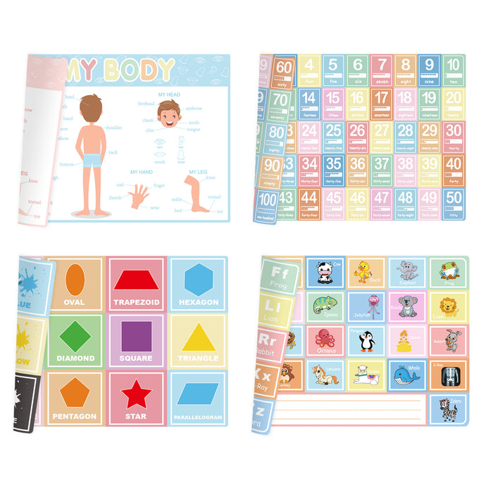 Kids Educational Learning Placemats - Set of 4, Washable Reusable Laminated Table Mats for Toddlers, Letters + Numbers + Human Body + Colors & Shapes, 17 x 12 inches
